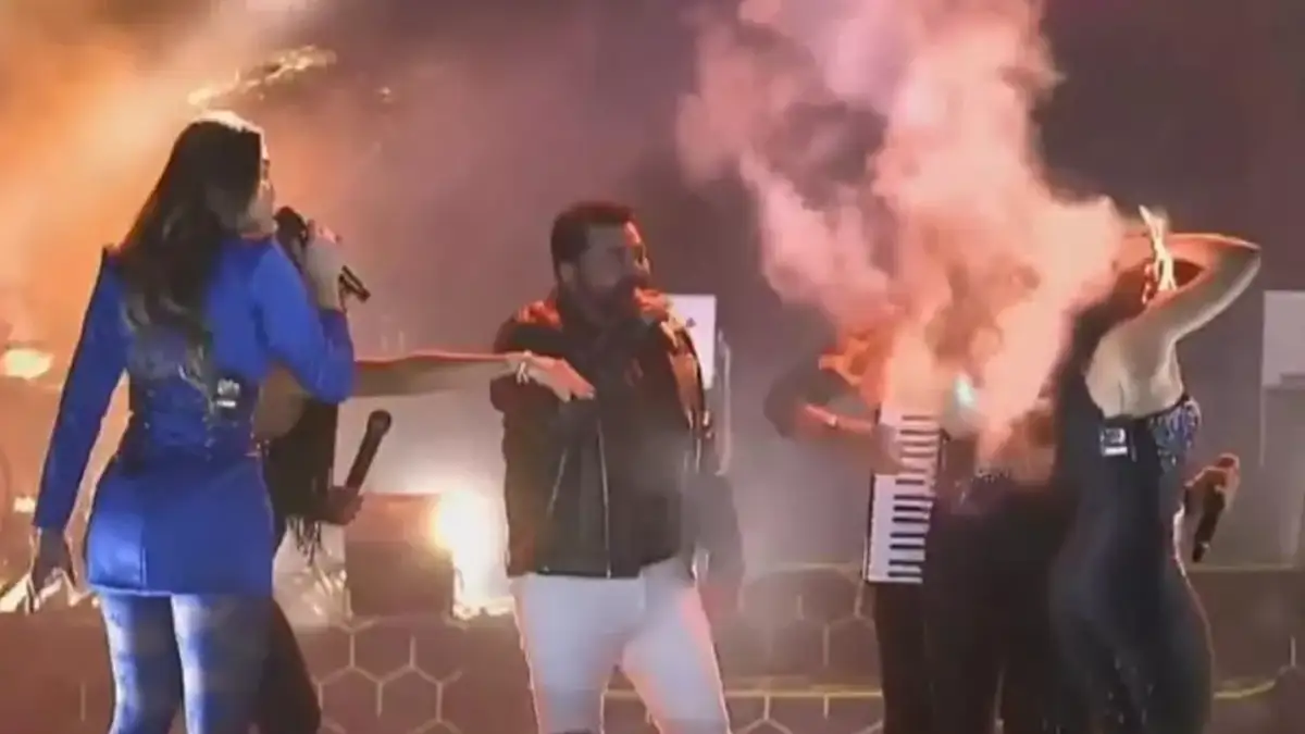 Cantora da Limão com Mel tem cabelo atingido por fogo durante show em Salgueiro e vídeo choca fãs